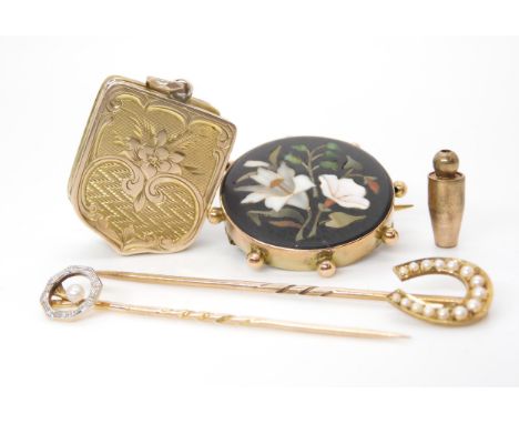 A pietra dura brooch mounted in yellow metal, two 15ct gold pearl pins and a vintage yellow metal locket weight combined 15.5