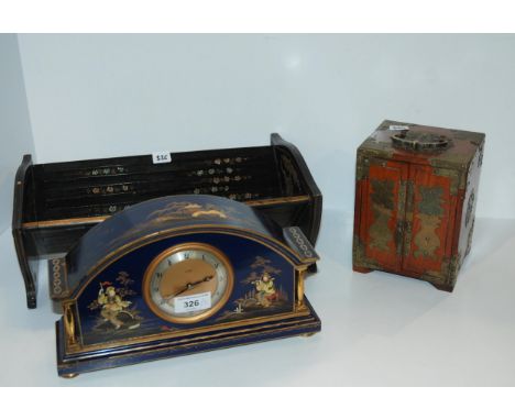 An English eight day chinoiserie style clock, an adjustable bookshelf and a Chinese jewellery box Condition Report:Available 