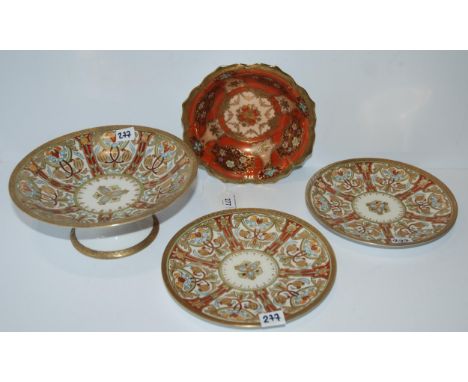A Noritake gilt decorated tazza and two matching plates and a orange and red decorated bowl Condition Report:Available upon r