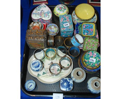 A quantity of Chinese enamel items including dishes, napkin rings, boxes and assorted small Chinese blue and white pieces Con