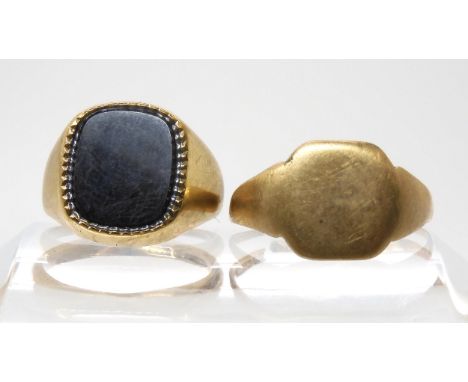 A 9ct gold onyx signet ring, size K, and a (af) 9ct signet ring, weight together 7.6gms Condition Report:Available upon reque