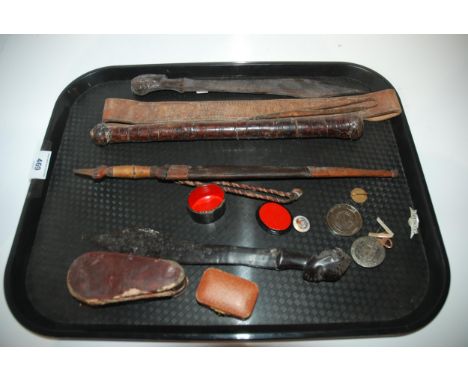 A tray lot of various including tribal dagger, lapel badges etc&nbsp; Condition Report:Available upon request