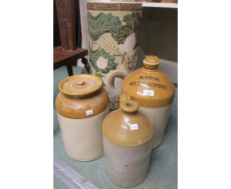 An Oriental style ceramic umbrella stand, "Crown brand" stoneware mason jar and two further stoneware jugs Condition Report:A