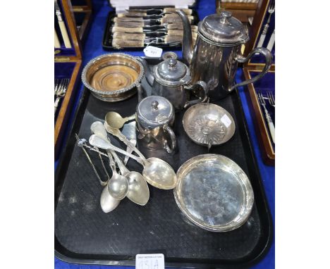 A quantity of EPNS including tea and coffee pots, spoons, a spoon with opal inset terminal, another stamped 800, a wine coast