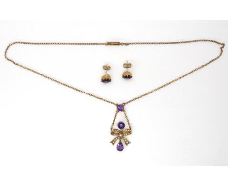 A 9ct gold amethyst and pearl bow necklace with similar earrings, length of chain 42cm, weight combined 7.7gms Condition Repo