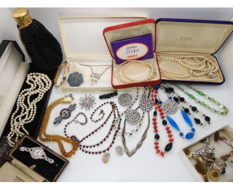 A diamante Art Deco style watch, together with a collection of vintage necklaces, brooches, buttons and a purse Condition Rep
