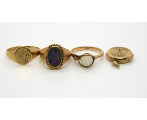 A 9ct gold signet ring, size P, a 9ct locket, and a yellow metal opal set ring (opal af) weight combined 10.6gms, and a 14k p