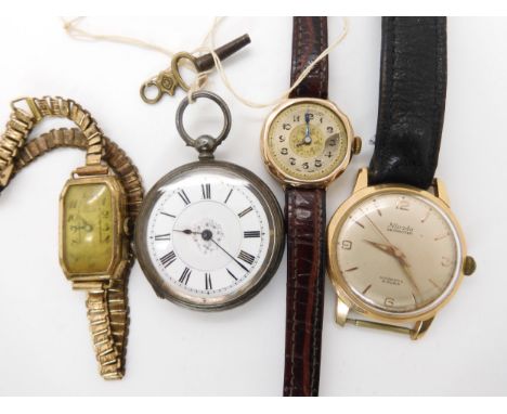 A 9ct gold cased ladies vintage Buren watch weight without mechanism approx 5gms, a silver fob watch gents Nivada watch and o