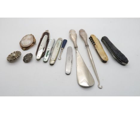 A collection of mother of pearl fruit knives, one in a leather case, a Joseph Rodgers Sheffield horn handled pen knife, a sta