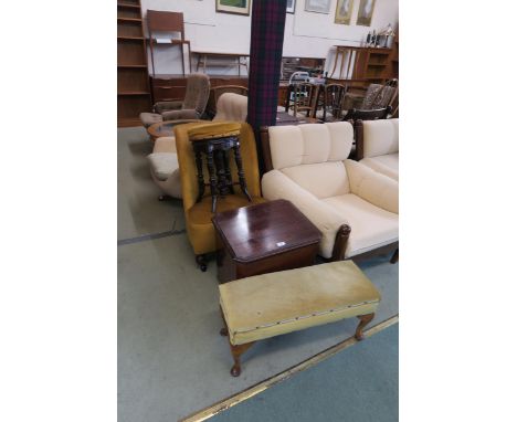 A 20th century upholstered bedroom chair, Victorian mahogany stool, mahogany commode and another footstool (4) Condition Repo