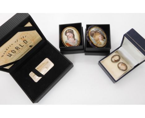 A Fine silver ingot, weight 25.7gms, together with a Thomas Mott portrait brooch, a limoges brooch and a pair of cameo earrin