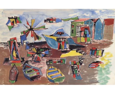 WILLIAM GEAR RA (SCOTTISH 1915-1997) HEAD GROUP, BOATS ON A BEACH Lithograph, signed, numbered (19/200), (sheet, 52 x 71cm), 