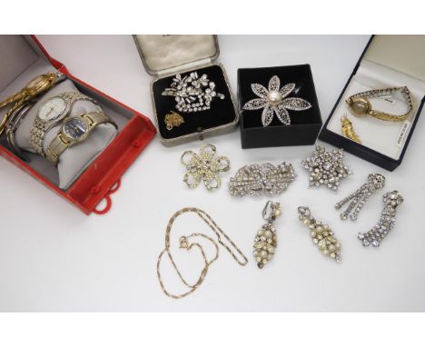 A 9ct figaro chain, a 9ct Rotary watch head weight including gold plated strap 17.4gms, Deco clips and other vintage costume 