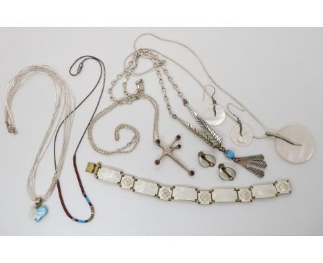 A silver gilt Norwegian white enamel bracelet, and a pair of David Andersen white enamel leaf earrings, a silver garnet set S