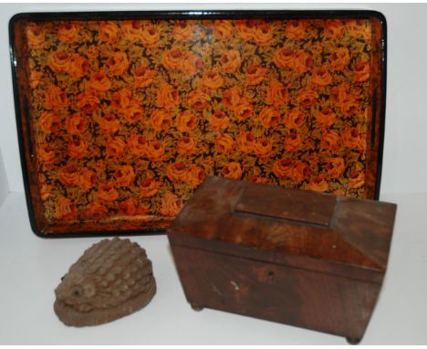 A box of miscellaneous including tea caddy, wall clock, tea tray etc Condition Report:Available upon request