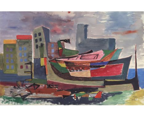 WILLIAM GEAR RA (SCOTTISH 1915-1997) BOATS AND BUILDINGS, PINK FIGURES&nbsp; Lithograph, signed, numbered (19/200), (sheet, 5