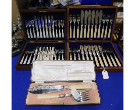 A cased set of EPNS and mother of pearl handled cutlery with engraved floral decoration, another bone handled set, a cased se