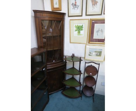 A 20th century mahogany glazed corner cabinet, four tier corner shelf and a three tier folding cake stand (3) Condition Repor