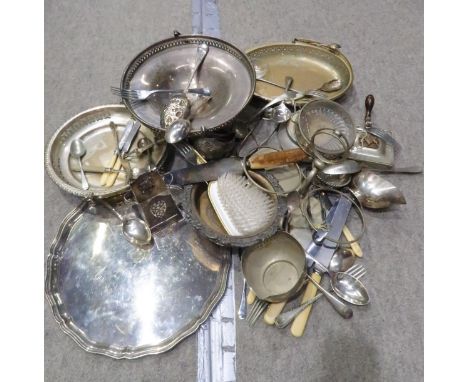 A quantity of EPNS including trays, bone handled cutlery, wine coasters, brassware etc Condition Report:Available upon reques