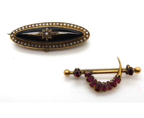 A yellow metal onyx and pearl star mourning brooch, weight 8.4gms, together with a yellow metal partial crescent moon brooch 