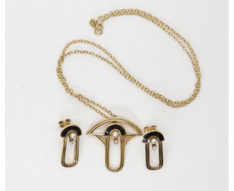 A 9ct gold Art Deco inspired black enamel, pearl and cz pendant and chain with a pair of matching earrings, weight together 9