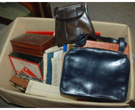 A box of various including handbag, travel Monopoly, cards etc (af) Condition Report:Available upon request