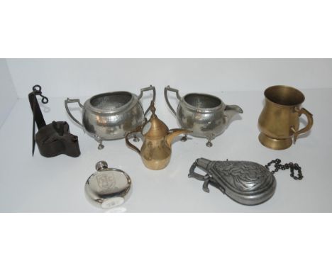 A pewter sugar basin and cream jug, hip flask etc Condition Report:Available upon request