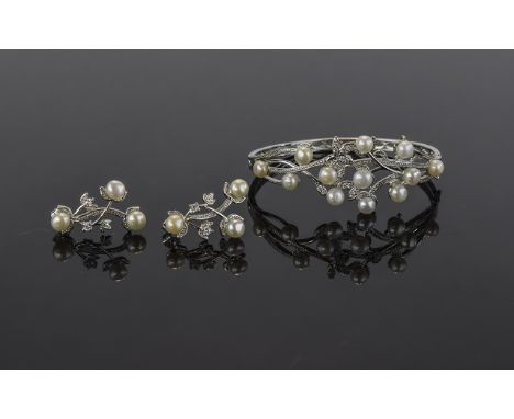 White Cultured Pearl Bangle and Drop Earrings Set, white fresh water pearls highlighted with clear faux diamonds set as casca
