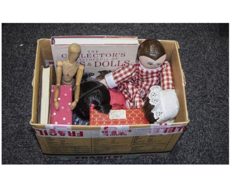 Box Containing A Mixed Lot of Doll Related Items including The Collectors Encyclopedia of Toys and Dolls, The Dolls House DIY