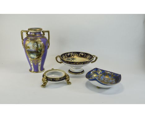 Three Pieces of Noritake Pottery comprising twin handled vase, two vignettes showing lake scene, gilt floral highlights throu