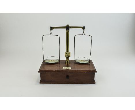Antique C. Stevens and Son London Two Ounce Glass B Beam Scales, Mahogany Base with Drawer, It As H.M Govt on The Raising Lev