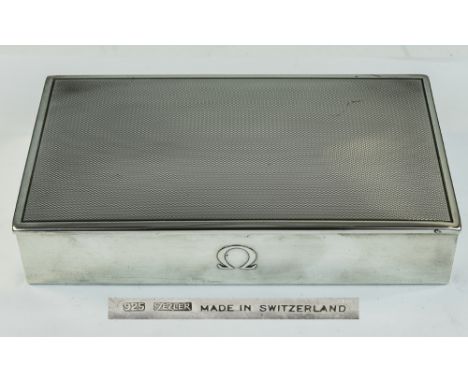 Omega - Swiss Silver Engine Turned Table Cigarette Box of Fine Quality by Tezler. Marked 925 Silver. 6.25 Inches wide, 3.5 In