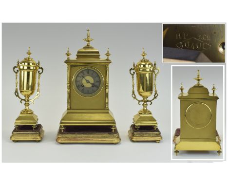 French Paris Three Piece Clock Garniture Set, Lacquered Brass Architectural Case Silvered Chapter dial with Roman numerals, m