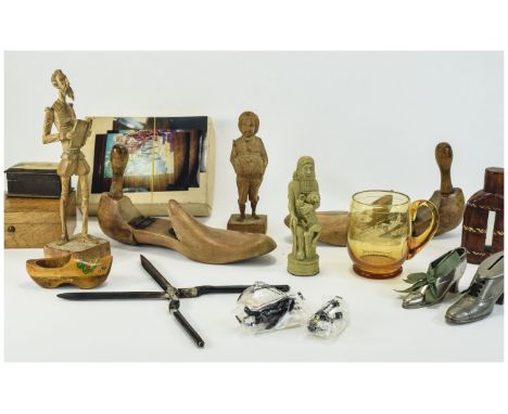 Miscellaneous Lot of Collectables comprising early 20thC wooden jigsaw, carved wooden figures, hip flask, shoe lasts etc