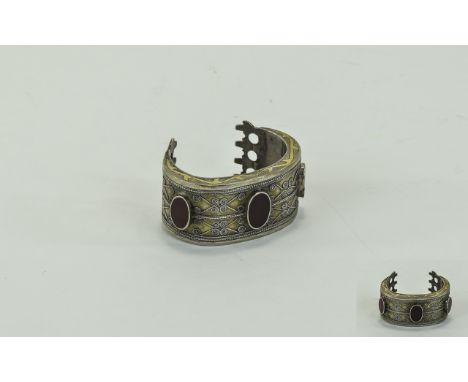 Ottoman 19th Century Very Fine and Heavy Silver Bangle with Inlaid and Applied Decoration, Set with 3 Oval Pavee Polished Red