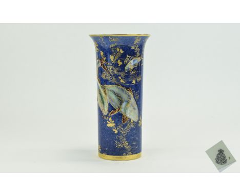 Carlton Ware - Impressive Cylinder Shaped Lustre Vase, with Fishes on Blue Ground Design. c.1920's. 8.25 Inches Tall. Repair 