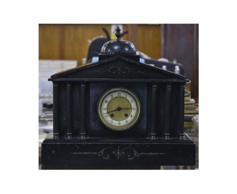 A 19th Century Inlaid Black Slate and Marble Mantel Clock, with Six Columns, 8 Day Striking Movement, Porcelain Chapter Ring,