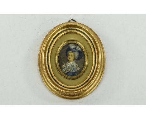 A 19th Century- Nice Quality Miniature Portrait Painting Of A Young French Noble Women. Within A Later Gold Gilt Oval Frame. 