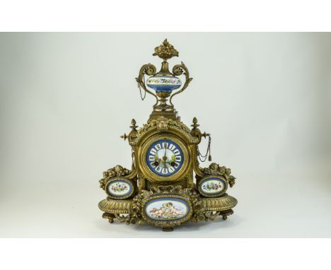 French Late 19th Century - Impressive Looking Enamel and Ormolu Gilt Mantle Clock with Sevres Style Panels. c.1880's. 8 Day S