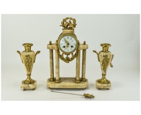 Lardot & Boyon Paris Three Piece Clock Garniture Set, white enamel dial, Arabic numerals, gilt metal floral reef and bird fin