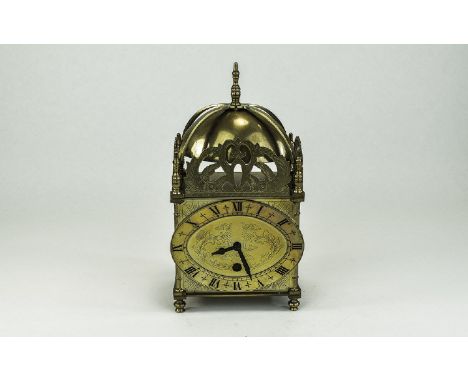 Early 20th Century English Nice Quality - Key wind Brass Dome Shaped Lantern Clock with Pierce Shaped and Engraved Pediment, 