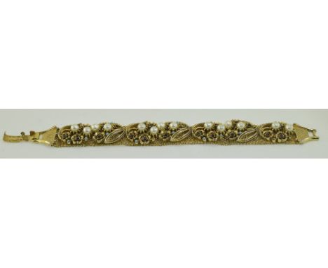 Florenza Gilt Metal Mesh Bracelet Set With Pearl And Coloured Stones In A Floral Arrangement, Length 7 Inches