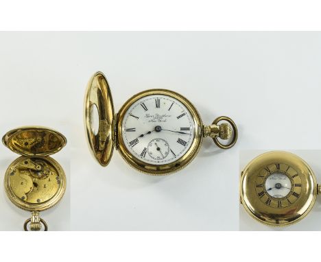 14ct Gold Plated Lever Brothers of New York Demi Hunter Pocket Watch. c.1880's. Features a Lever Set Movement, Porcelain Dial