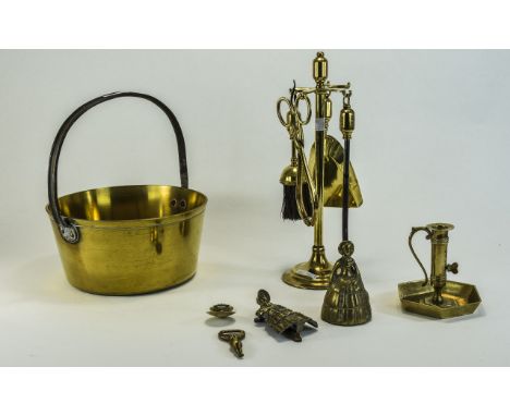 Small Collection of Brass comprising chamber stick, fireside irons, jam pan etc