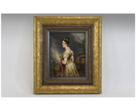 A Fine 19th Century Miniature/ Small Portrait of a English Noble Lady Overlooking a Garden Setting. Within a Later Frame. Oil