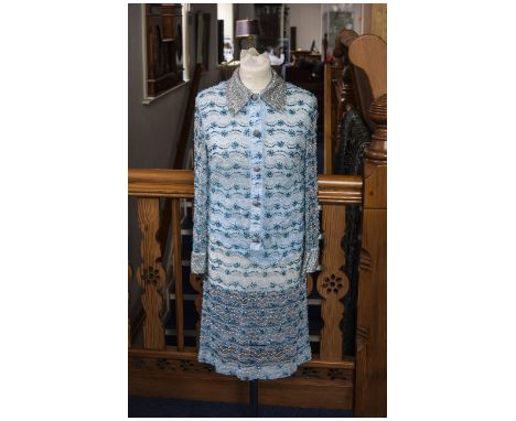 Beaded Lace Vintage Shirt Dress, pale blue lace fully encrusted with rows of dark turquoise and clear bugle beads and white f