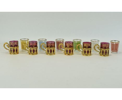 A Set of Six Vintage Murano Style Liqueur Glasses In Gold Holders + a Set of Six Vintage Liqueur Glasses All In Different Col