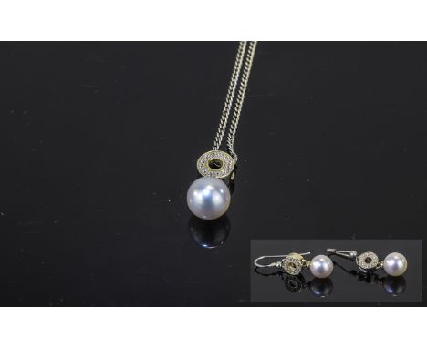Silver Earring and Pendant Set cz mounts with pearl dropper