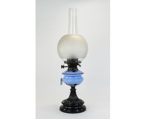 A Good Quality Victorian Table Oil Lamp With Original Glass Shade And Enamelled Opaline Blue Glass Font, Raised On Ornate Bla