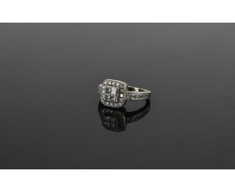 14ct White Gold Diamond Cluster Ring Four Central Princess Cut Diamonds Surrounded By Round Modern Brilliant Cuts & Diamond S
